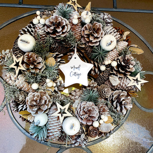 Personalised Frosted Pinecone And Star Wreath