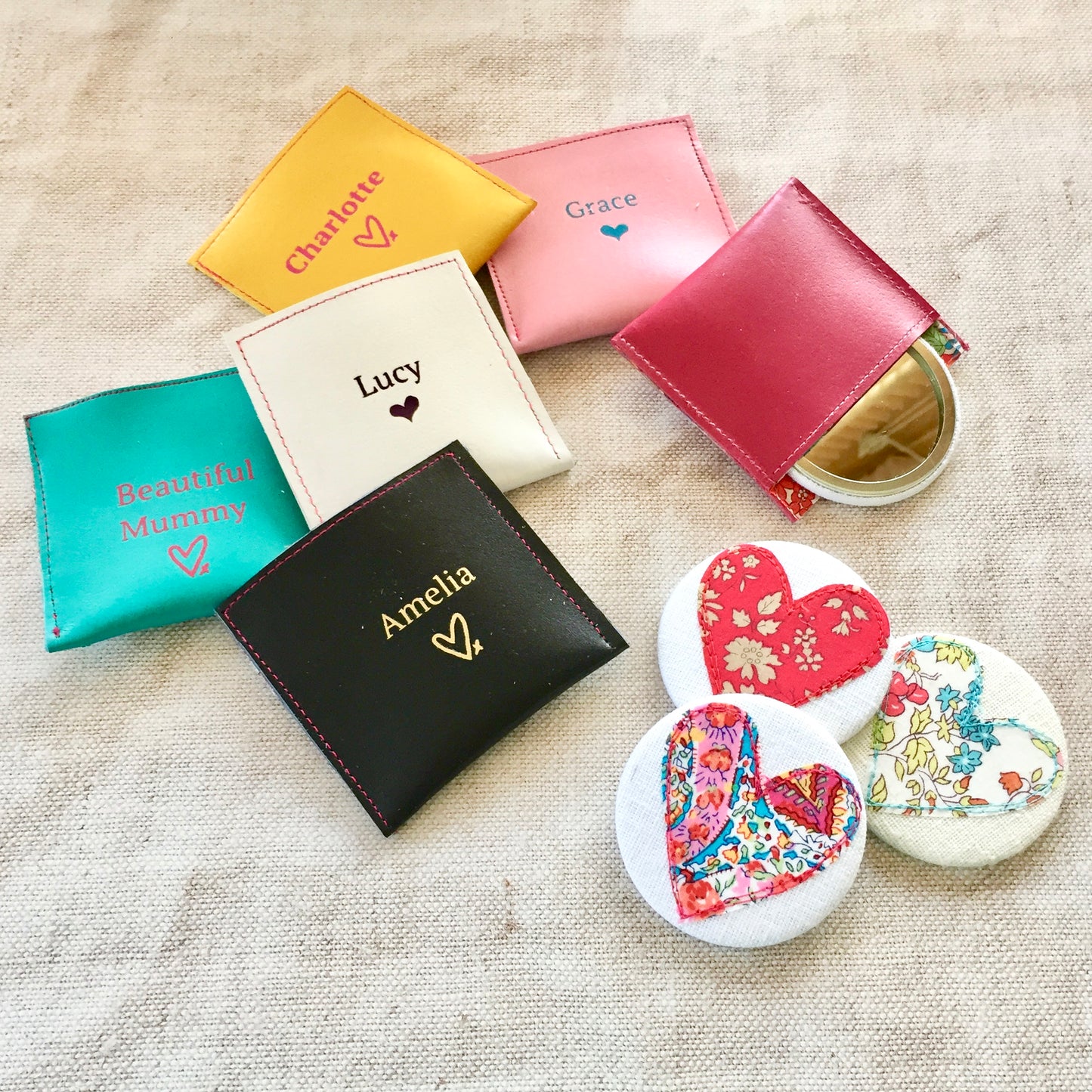 Personalised Handmade Heart Mirror with Leather Pouch