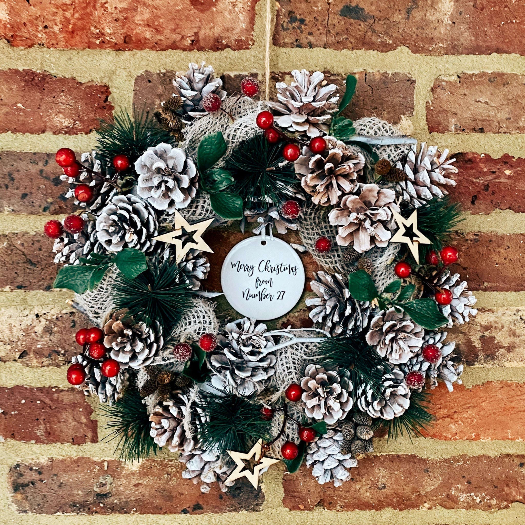 Personalised Hessian, White Pine And Red Berry Wreath