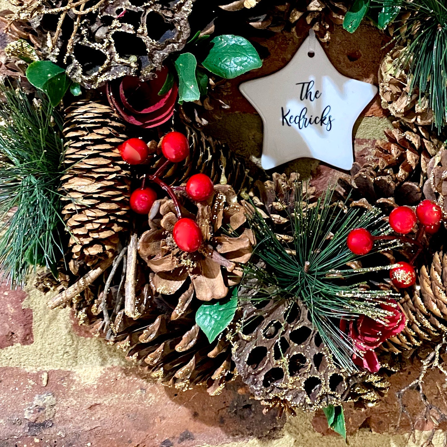 Personalised Gold Glitter Pine And Red Berry Wreath