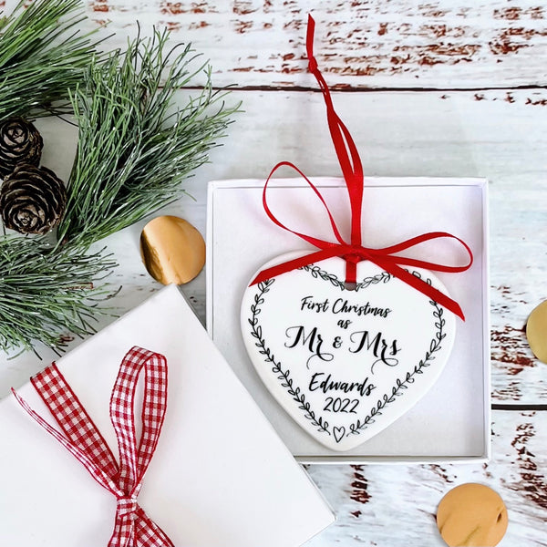 First Christmas as Mr & Mrs Heart Decoration