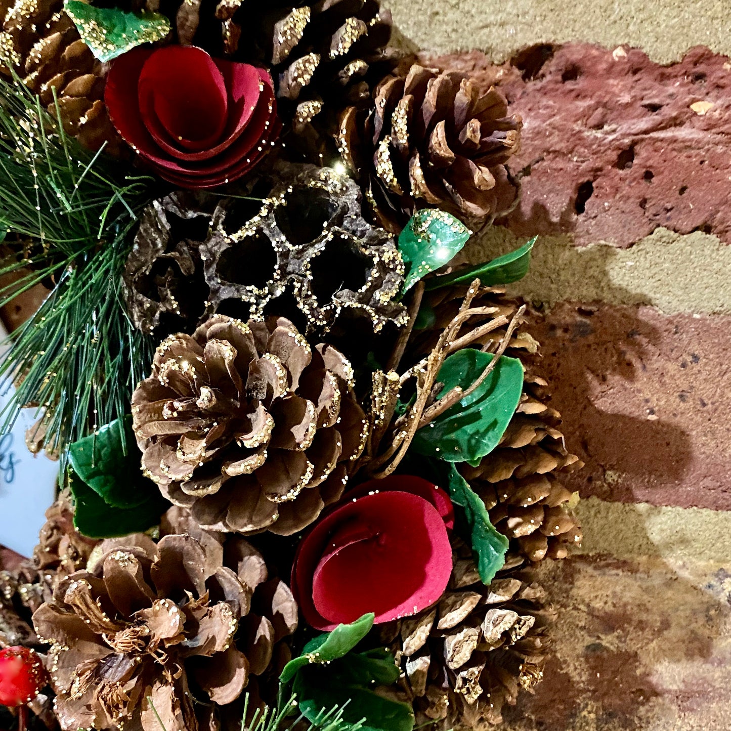 Personalised Gold Glitter Pine And Red Berry Wreath