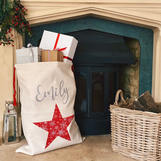 Personalised Star Linen Christmas Sack