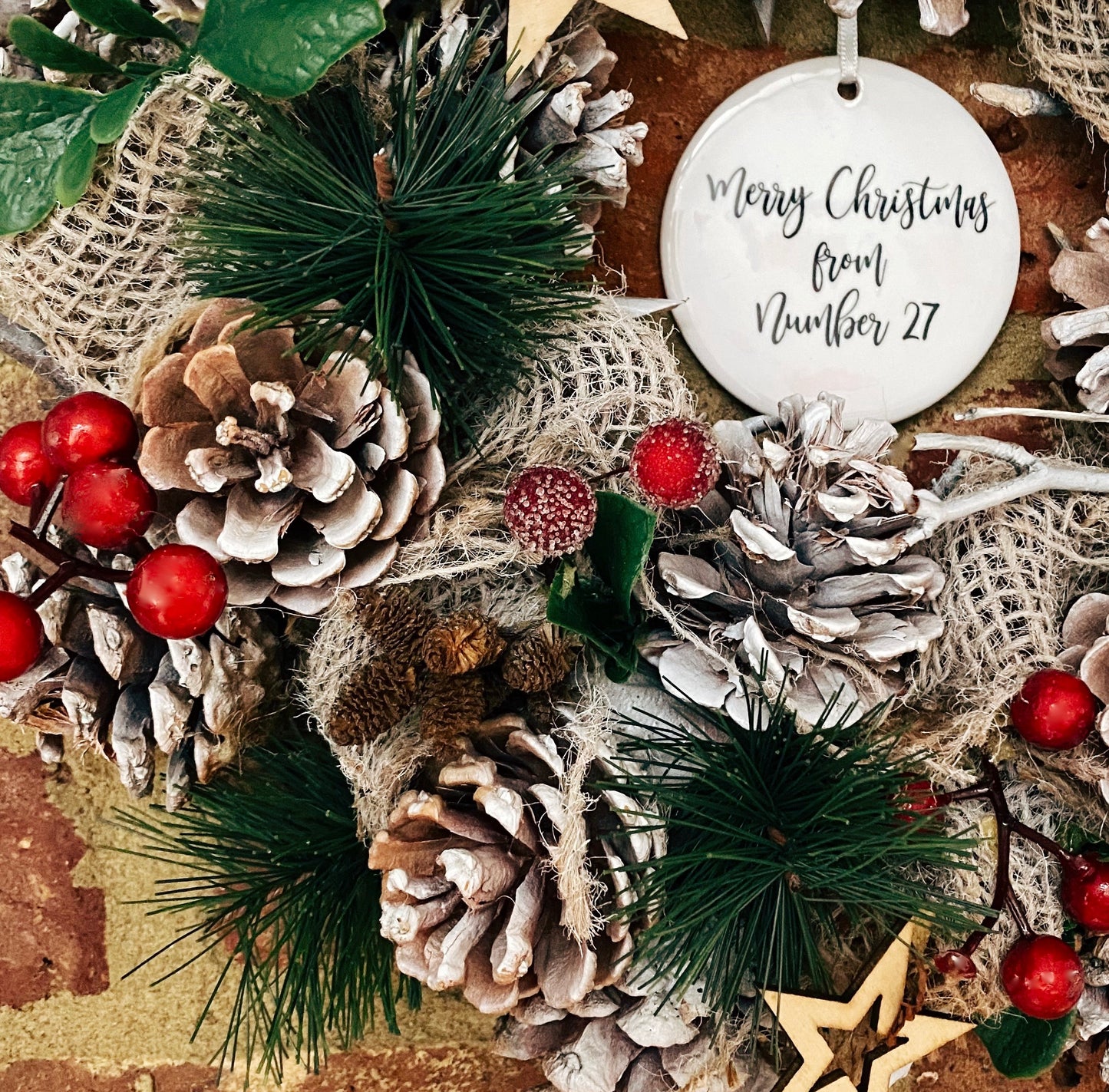 Personalised Hessian, White Pine And Red Berry Wreath