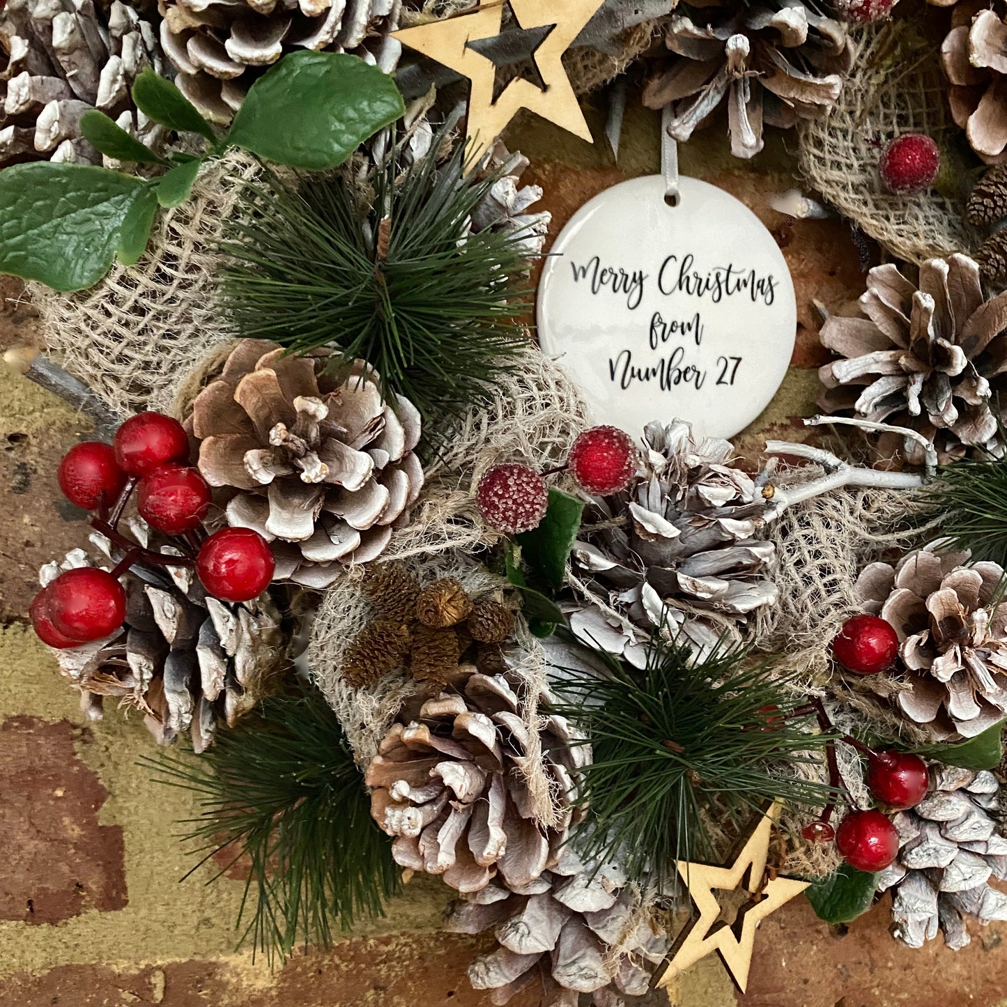 Personalised Hessian, White Pine And Red Berry Wreath