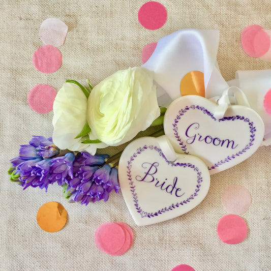 ‘Bride & Groom’ ceramic heart place settings/keepsakes