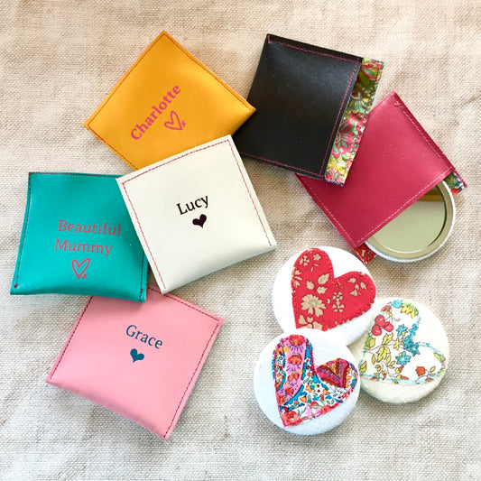 Personalised Handmade Heart Mirror with Leather Pouch