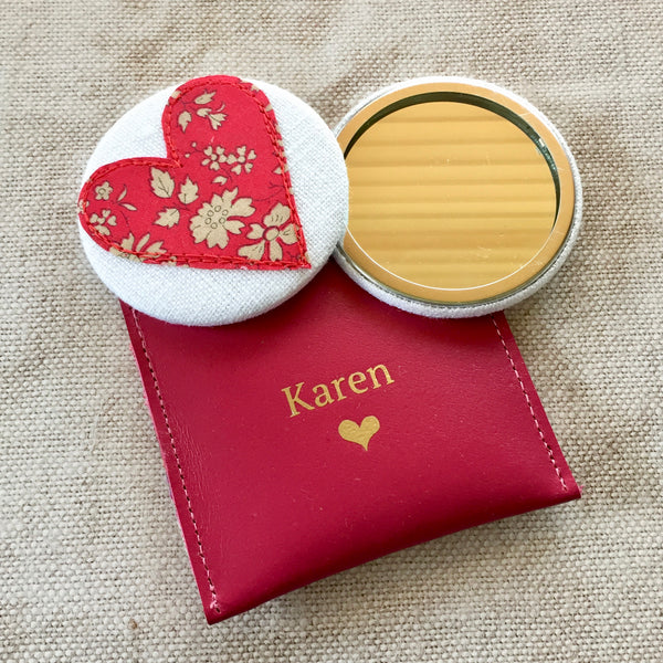 Personalised Handmade Heart Mirror with Leather Pouch