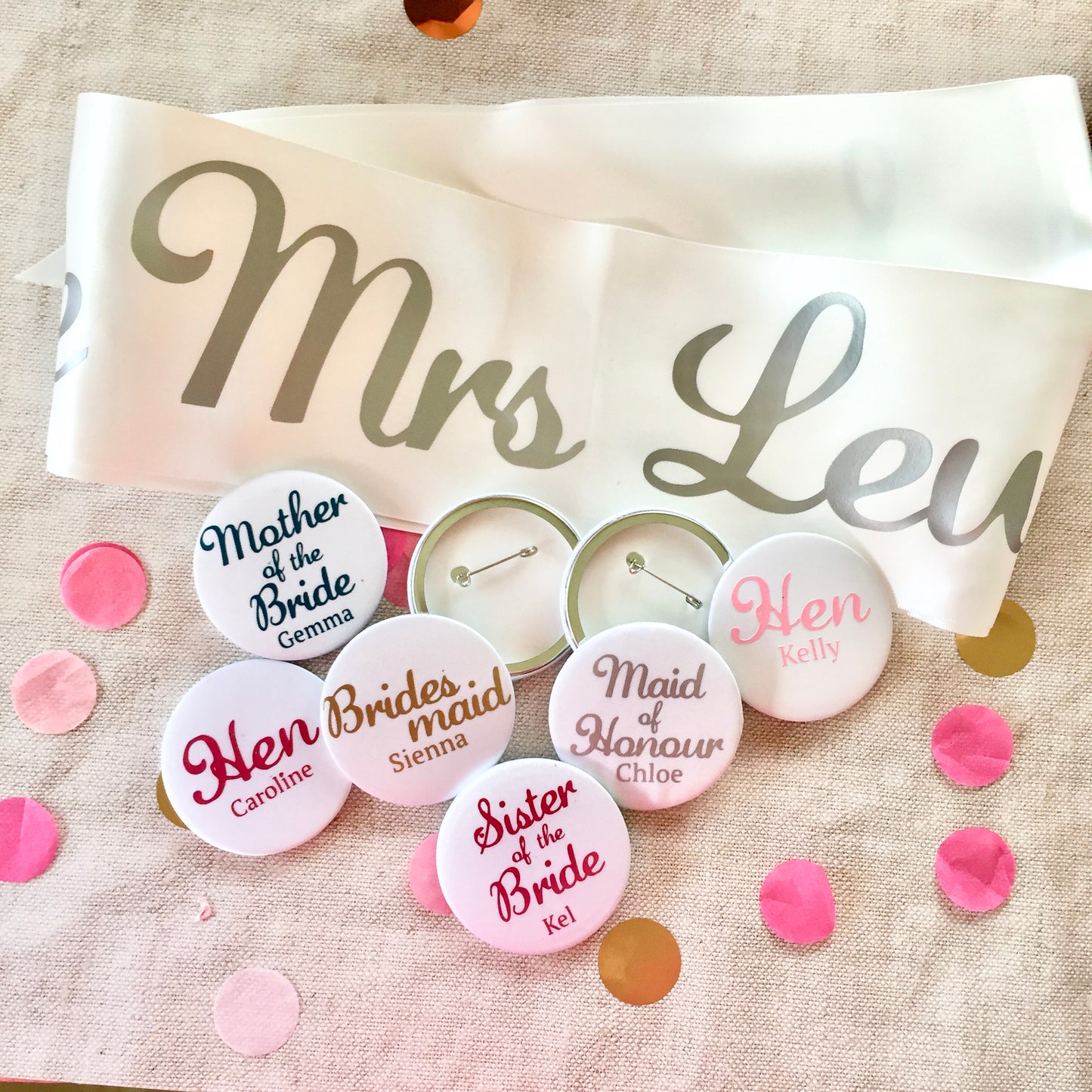 Script Satin Hen Party Badges