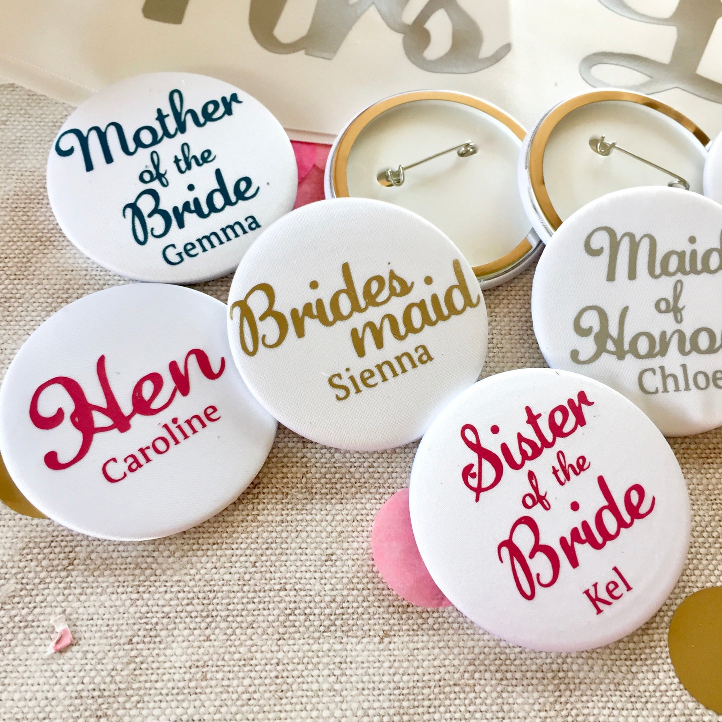 Script Satin Hen Party Badges